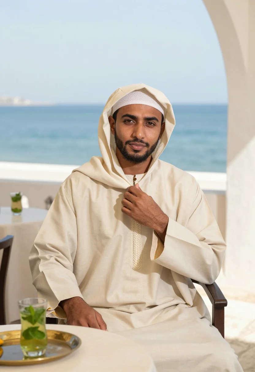 AI tangier djellaba sample — portrait of a man, chest-up portrait of a North-African man