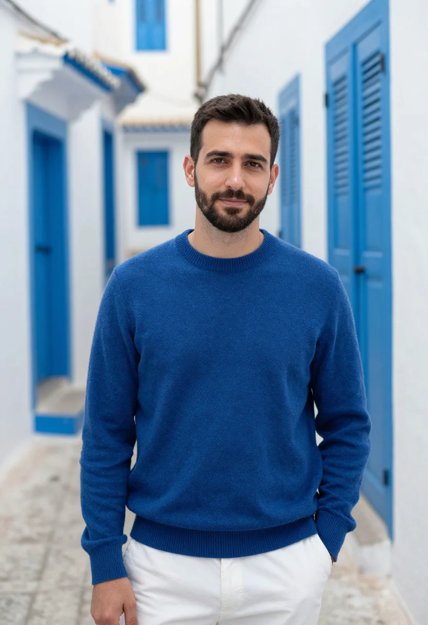 AI tangier kasbah white blue sample — portrait of a man, framed chest-up to the ribs, the body clo
