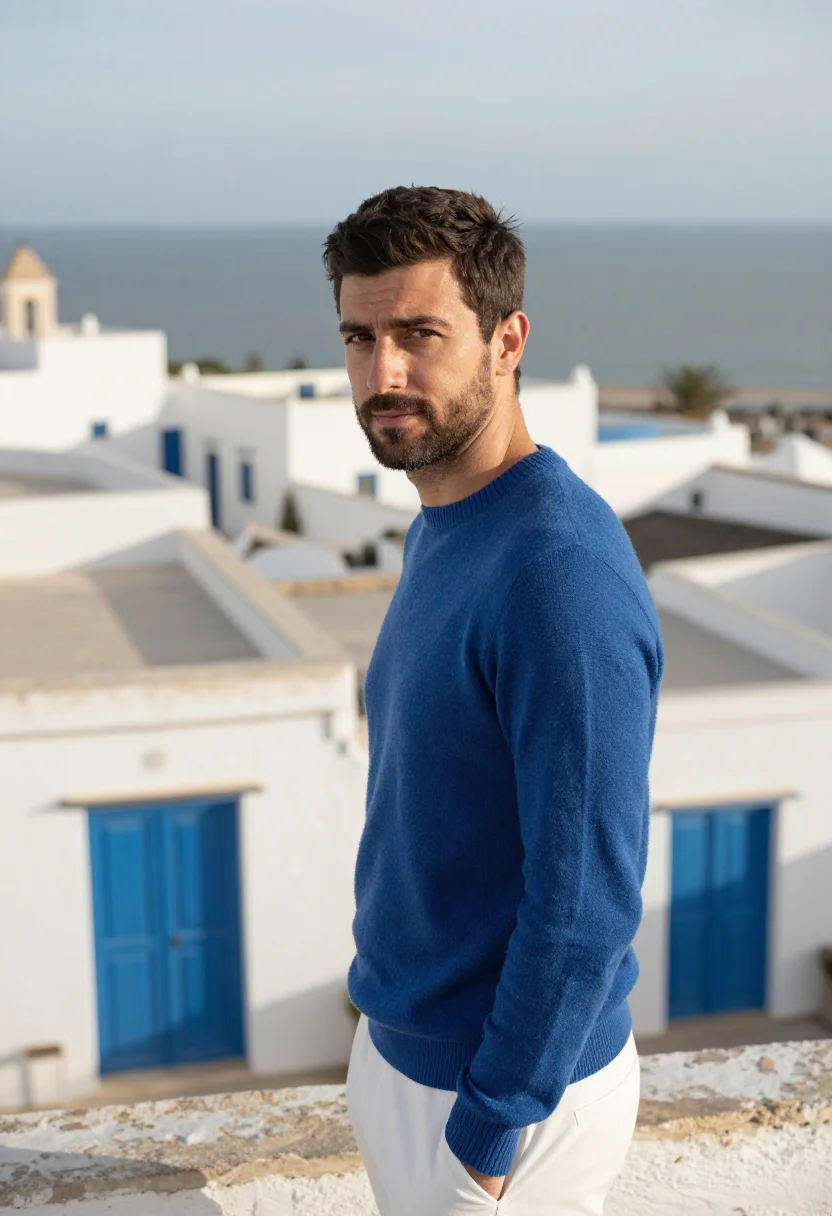 AI tangier kasbah white blue sample — portrait of a man, framed tight, head and shoulders, the bod