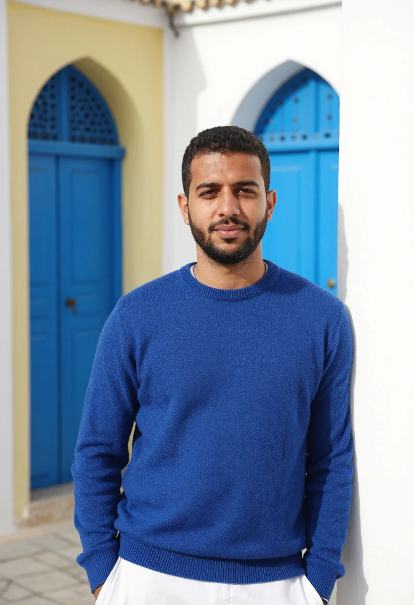 AI tangier kasbah white blue sample — portrait of a man, framed tight, head and shoulders, the bod
