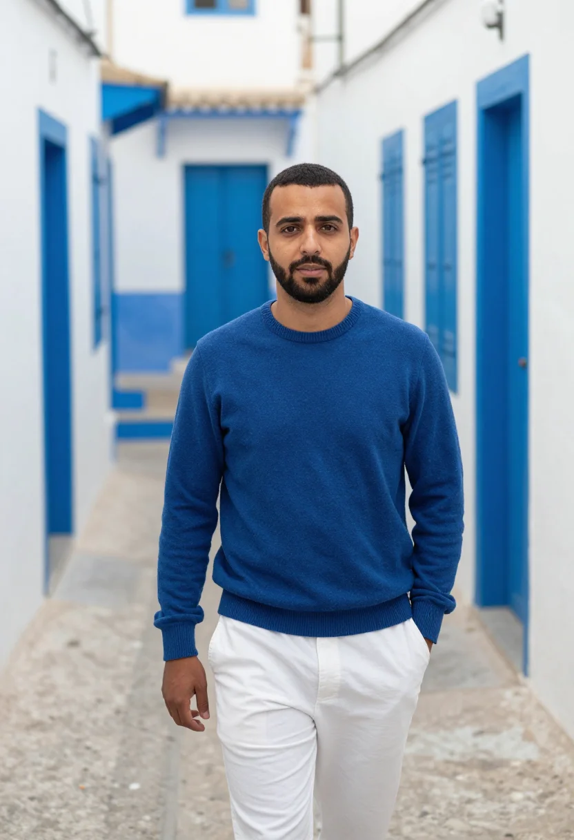 AI tangier kasbah white blue sample — portrait of a man, framed half-length from the hips up, the