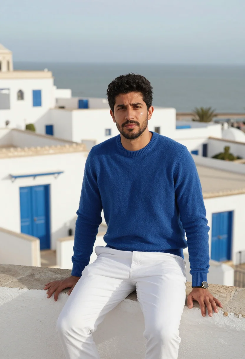 AI tangier kasbah white blue sample — portrait of a man, framed half-length, the seated figure fro