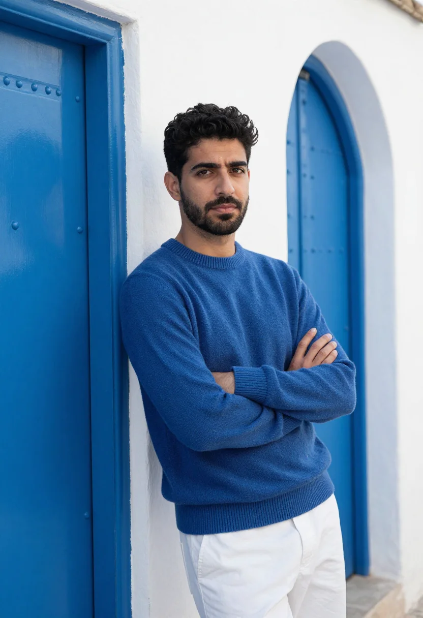 AI tangier kasbah white blue sample — portrait of a man, framed chest-up to the ribs, the body clo