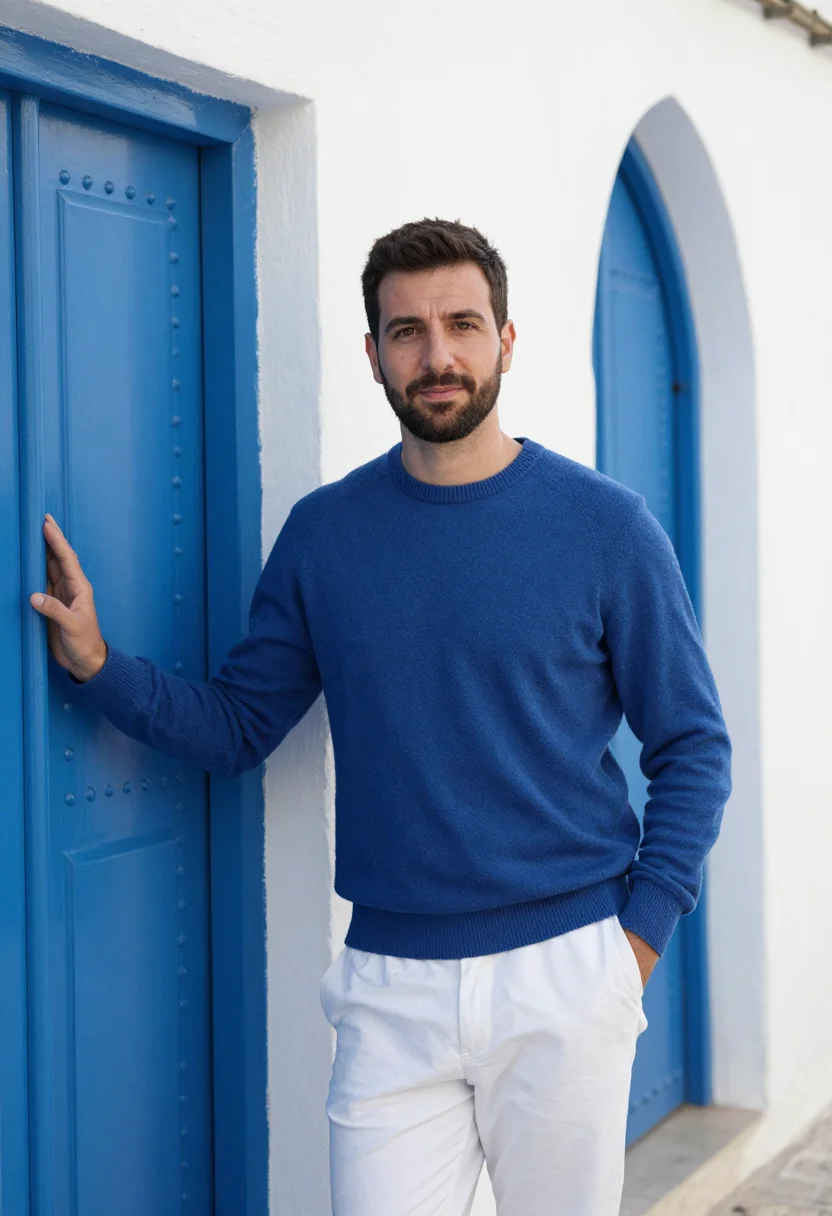 AI tangier kasbah white blue sample — portrait of a man, framed half-length from the hips up, the