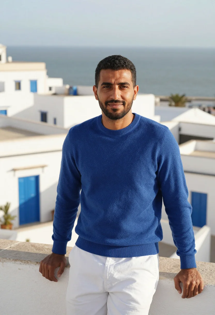 AI tangier kasbah white blue sample — portrait of a man, framed chest-up to the ribs, the body clo