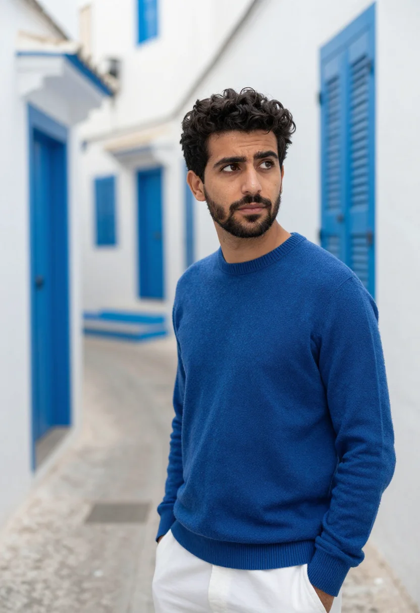 AI tangier kasbah white blue sample — portrait of a man, framed tight, head and shoulders, the bod