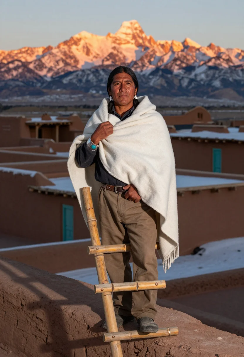 AI taos adobe sample — portrait of a man, three-quarter-length portrait of a Pueblo