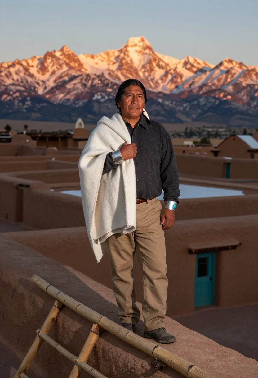 AI taos adobe sample — portrait of a man, full-length portrait of a Puebloan man in