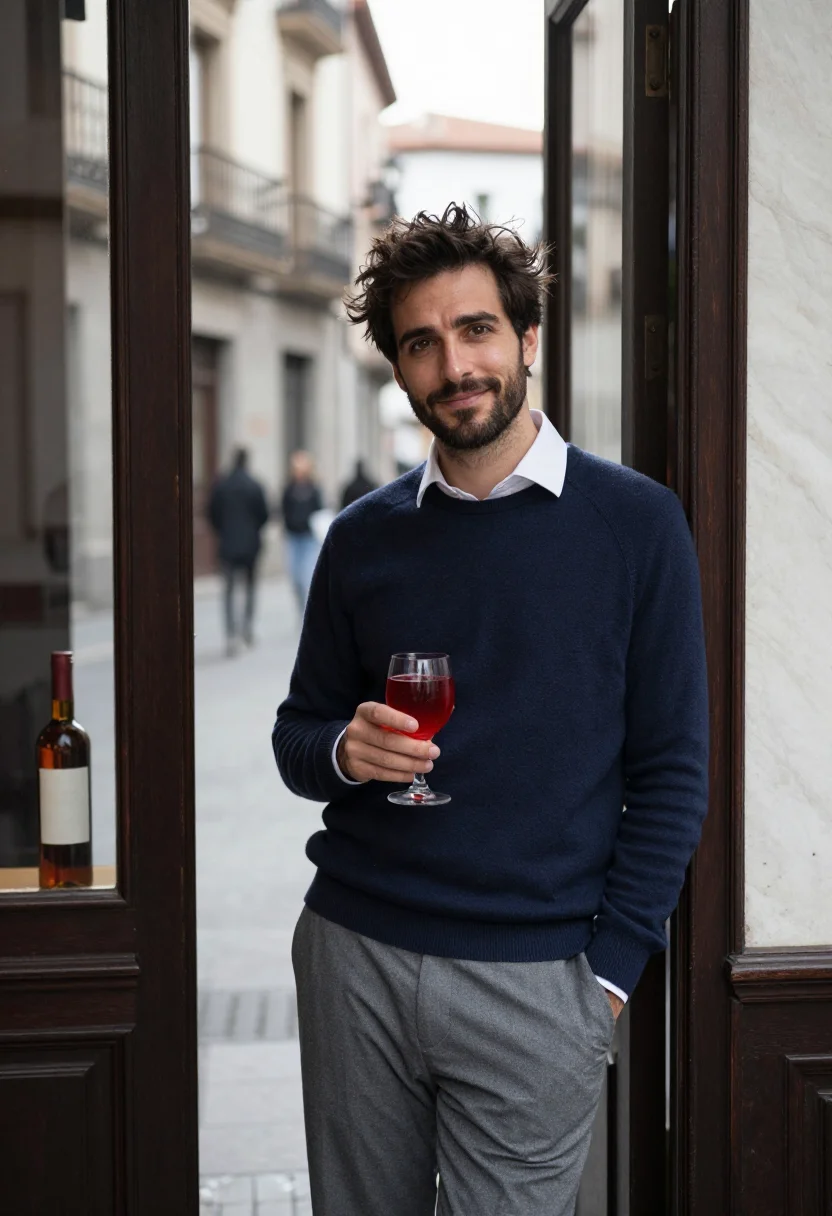 AI tapas madrid vermouth red sample — portrait of a man, framed half-length from the waist up, the