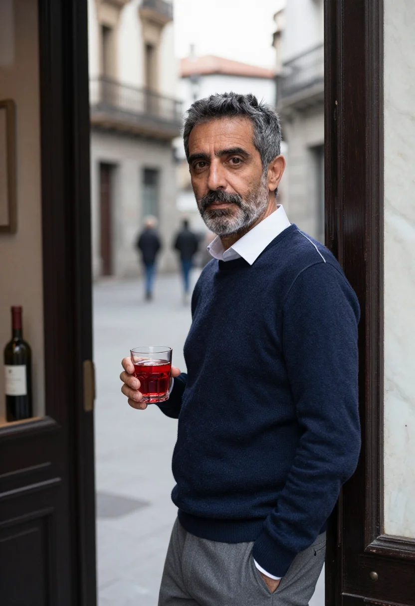 AI tapas madrid vermouth red sample — portrait of a man, framed tight, head and shoulders, the bod