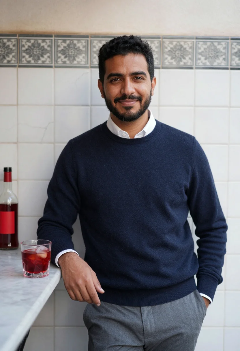 AI tapas madrid vermouth red sample — portrait of a man, framed half-length from the waist up, the