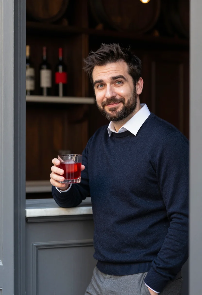 AI tapas madrid vermouth red sample — portrait of a man, framed chest-up, the crop at the ribs, th