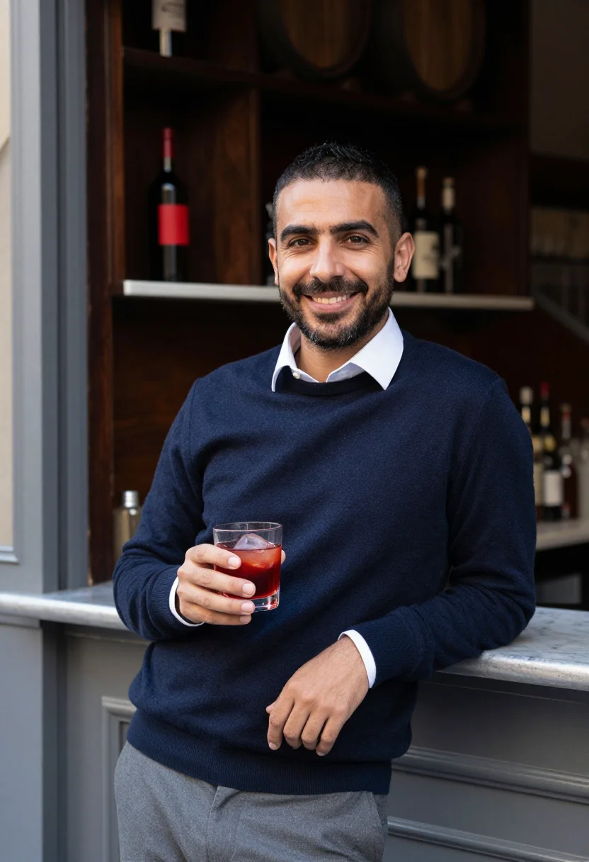 AI tapas madrid vermouth red sample — portrait of a man, framed half-length from the waist up, the