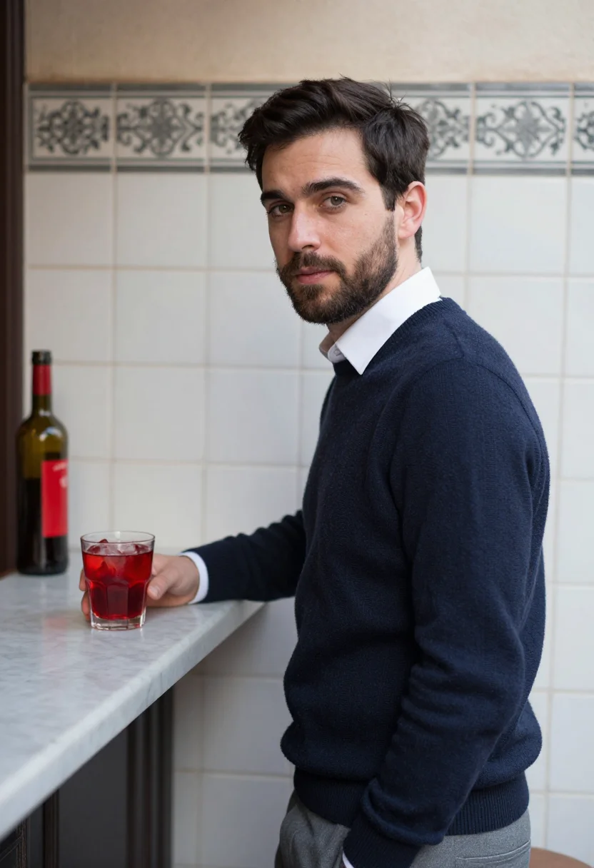 AI tapas madrid vermouth red sample — portrait of a man, framed chest-up, the crop at the ribs, th