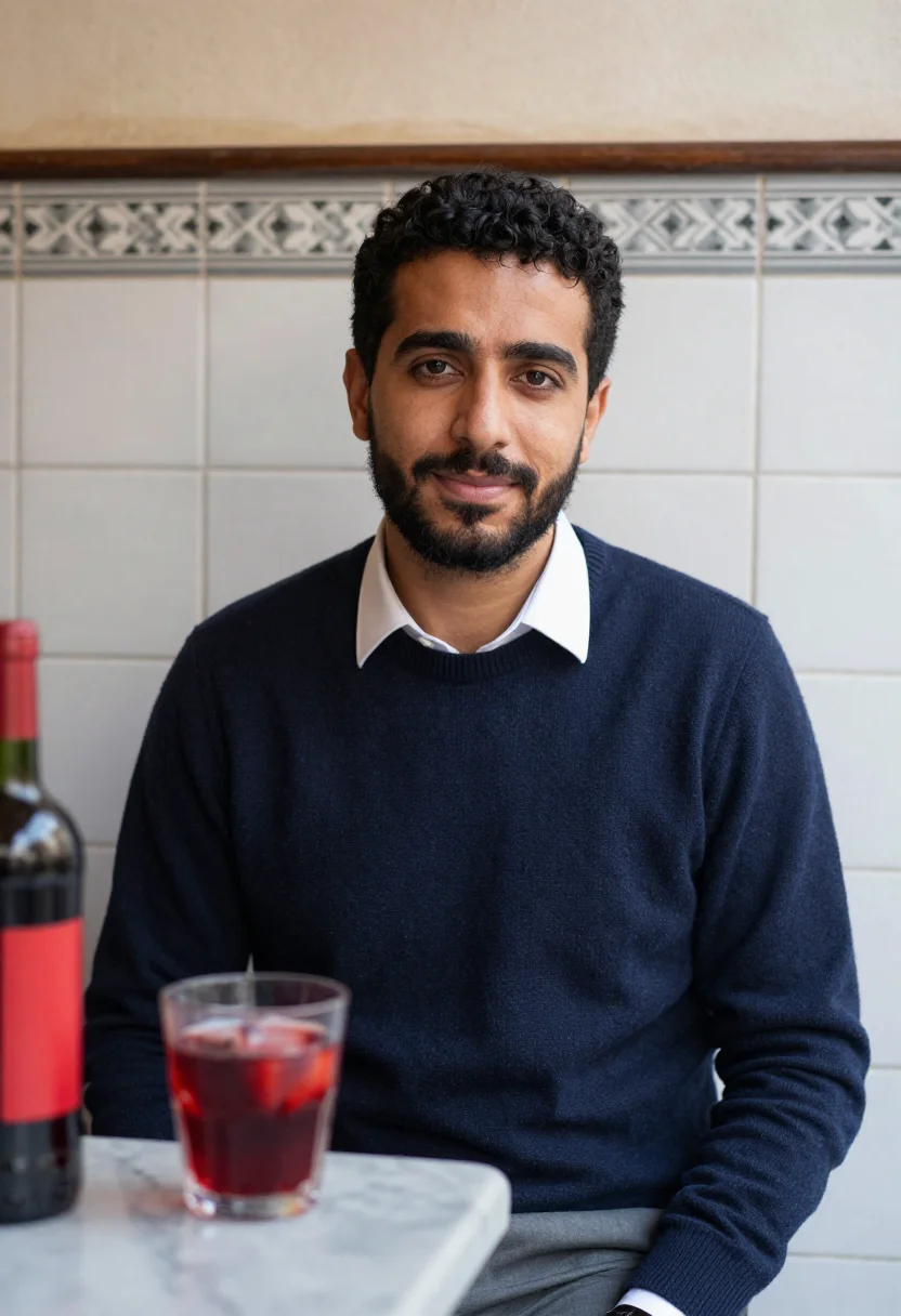 AI tapas madrid vermouth red sample — portrait of a man, framed tight, head and shoulders, the bod