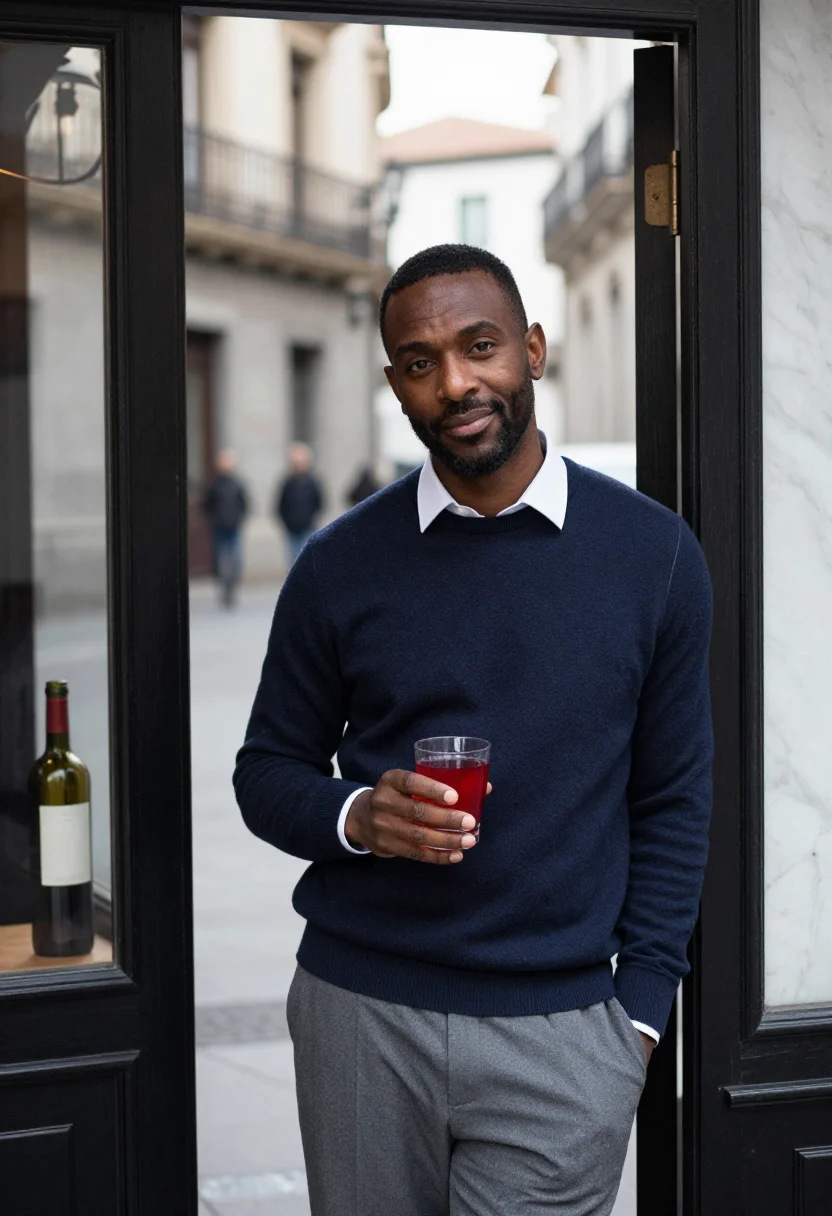 AI tapas madrid vermouth red sample — portrait of a man, framed chest-up, the crop at the ribs, th