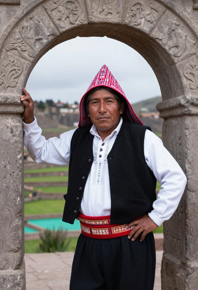 AI taquile chullo sample — portrait of a man, three-quarter-length portrait of an Indig