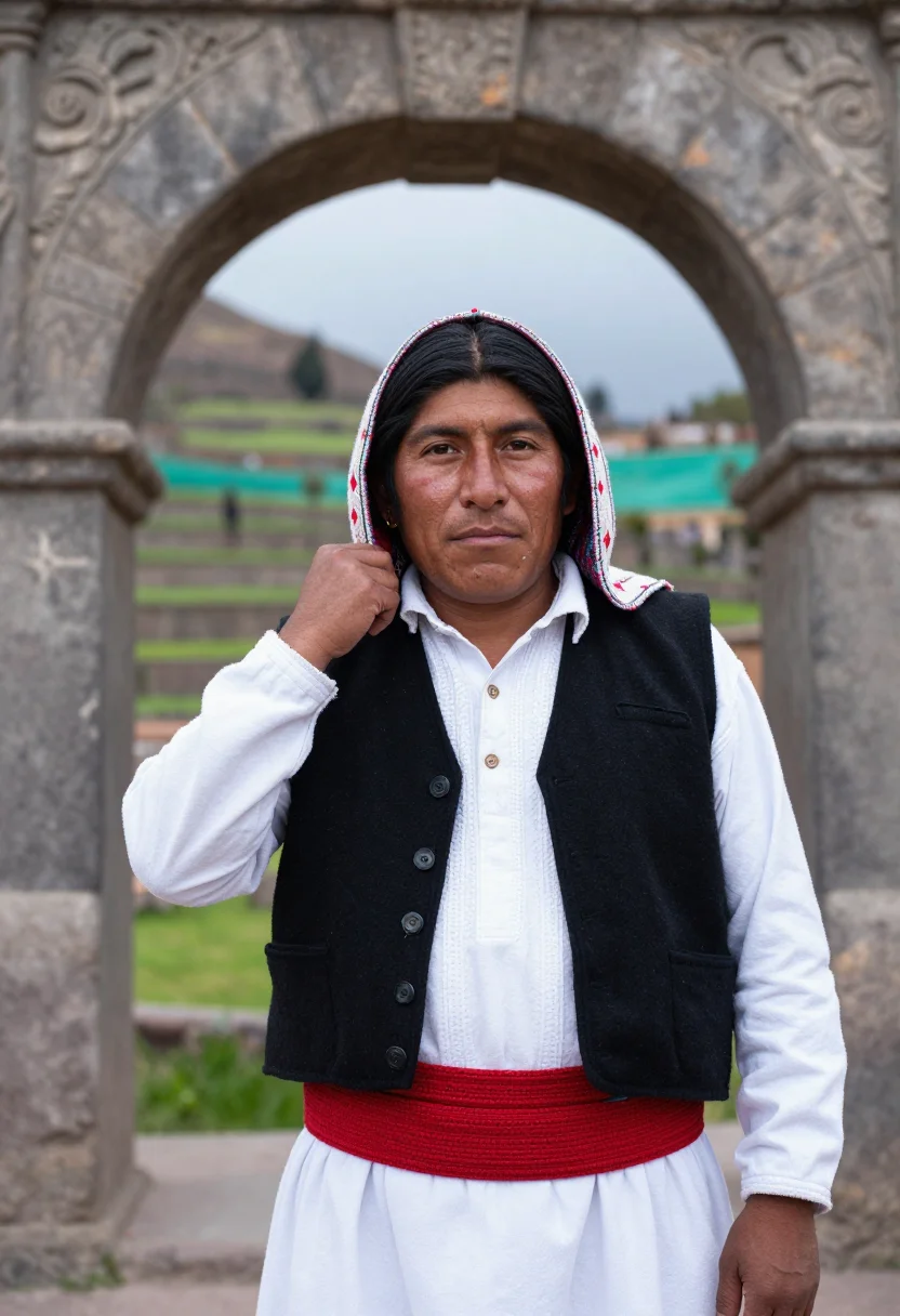 AI taquile chullo sample — portrait of a man, half-length portrait of an Indigenous Que