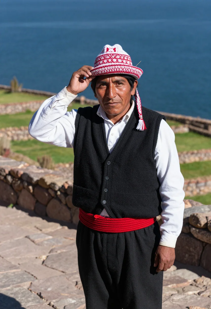 AI taquile chullo sample — portrait of a man, half-length portrait of an Indigenous Que