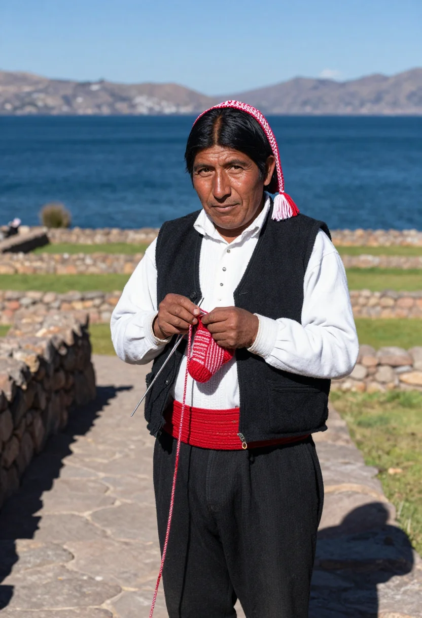 AI taquile chullo sample — portrait of a man, three-quarter-length portrait of an Indig