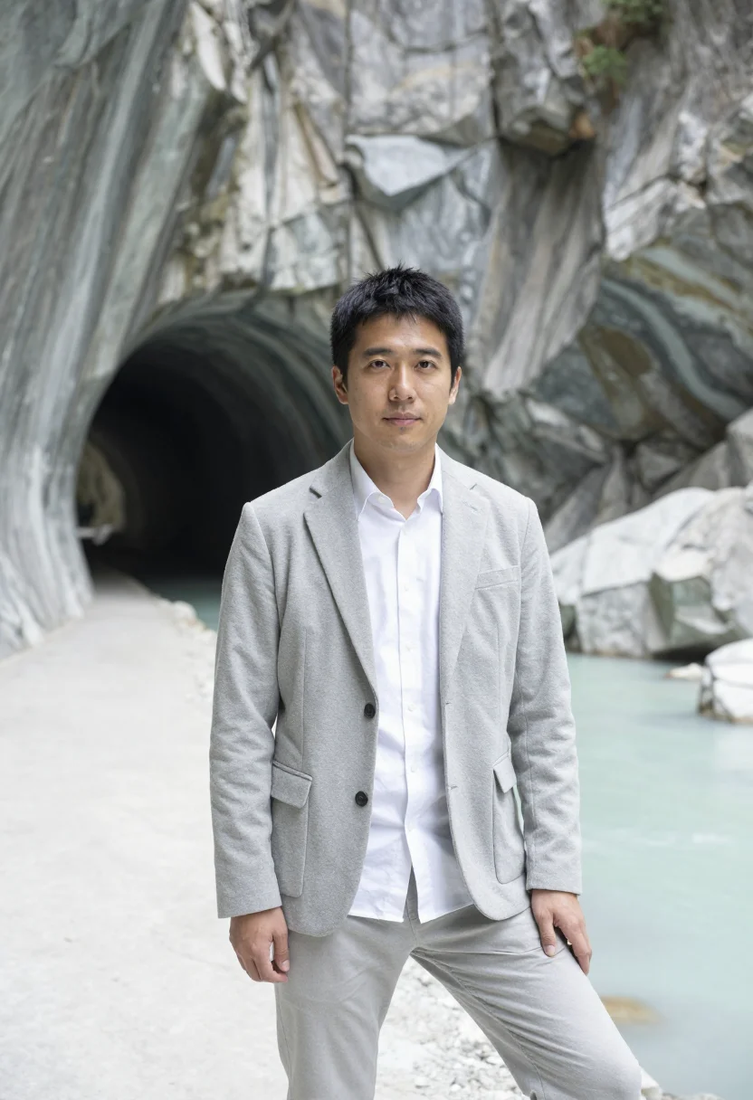 AI taroko gorge geologist marble white sample — portrait of a man, a Japanese geologist in his mid-thirties