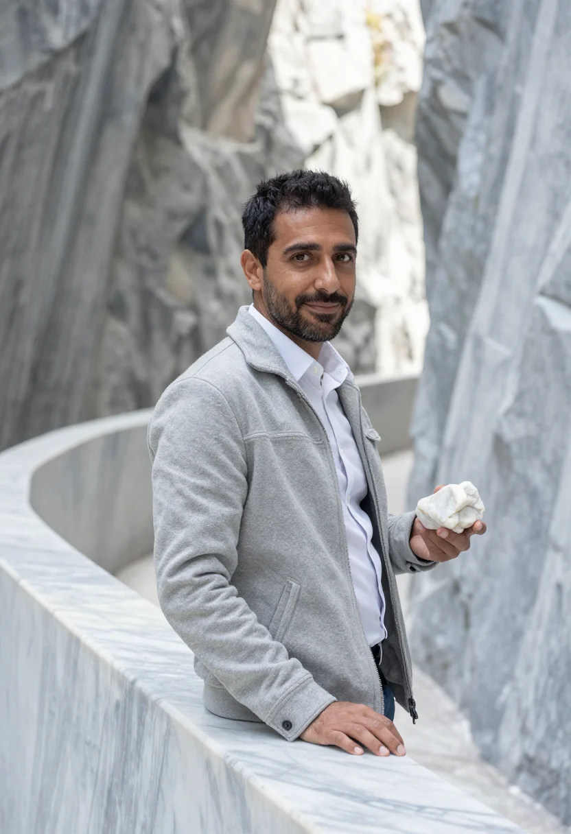 AI taroko gorge geologist marble white sample — portrait of a man, a Spanish geologist in his mid-forties wi