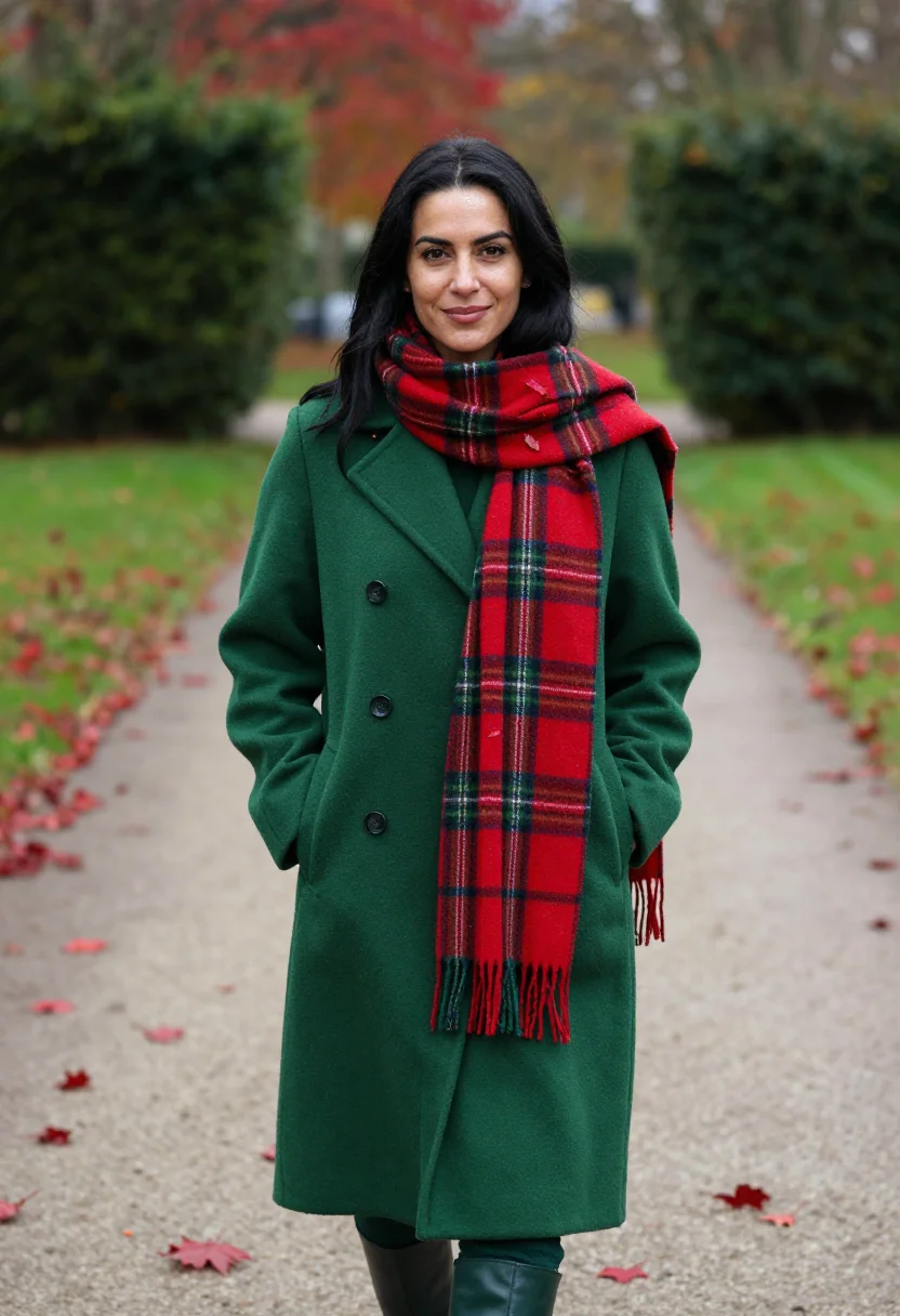 AI tartan scarf profile november sample — portrait of a woman, framed chest-up, cropped at the ribs, t