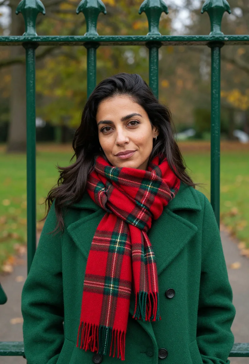 AI tartan scarf profile november sample — portrait of a woman, framed tight, head and shoulders, the b