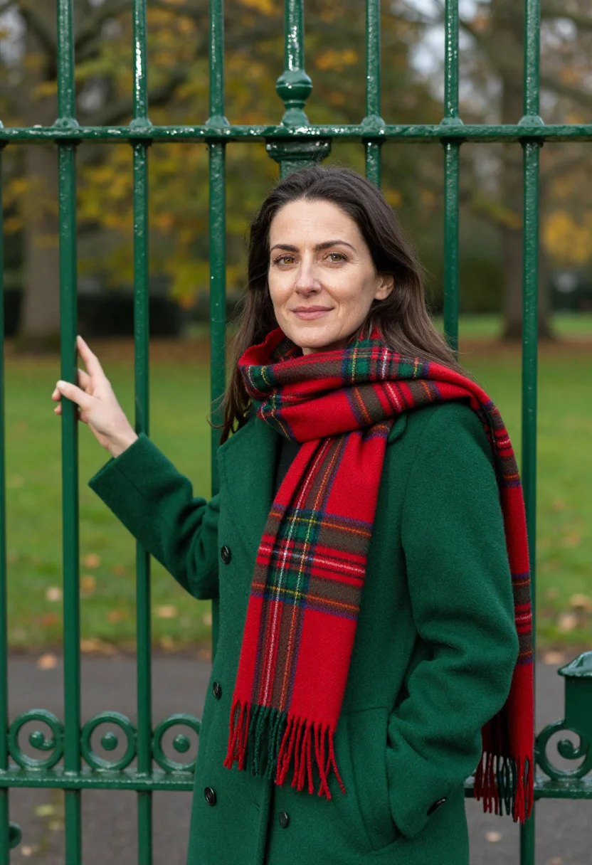 AI tartan scarf profile november sample — portrait of a woman, framed chest-up, cropped at the ribs, t