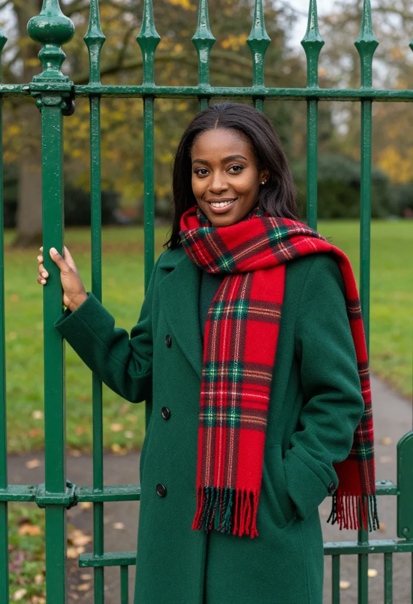 AI tartan scarf profile november sample — portrait of a woman, framed half-length from the head to the