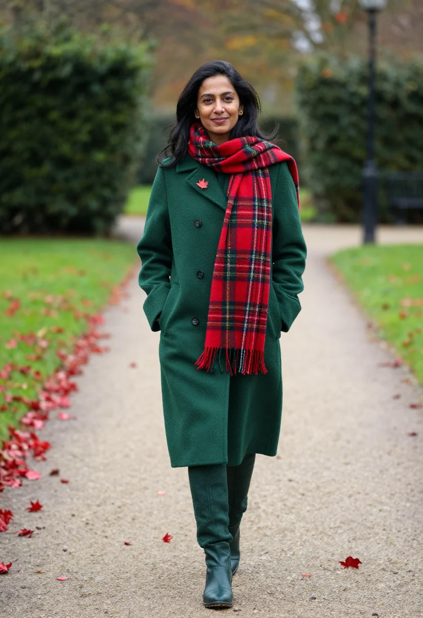 AI tartan scarf profile november sample — portrait of a woman, framed full-length from the head to the