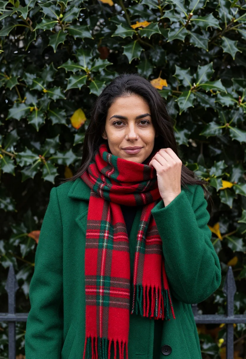 AI tartan scarf profile november sample — portrait of a woman, framed chest-up, cropped at the ribs, t