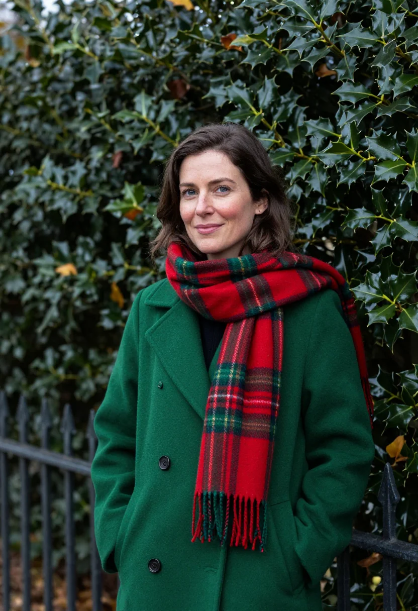 AI tartan scarf profile november sample — portrait of a woman, framed half-length from the head to the
