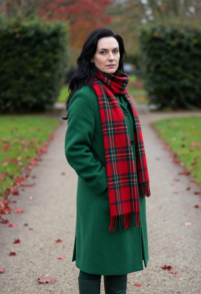 AI tartan scarf profile november sample — portrait of a woman, framed tight, head and shoulders, the b