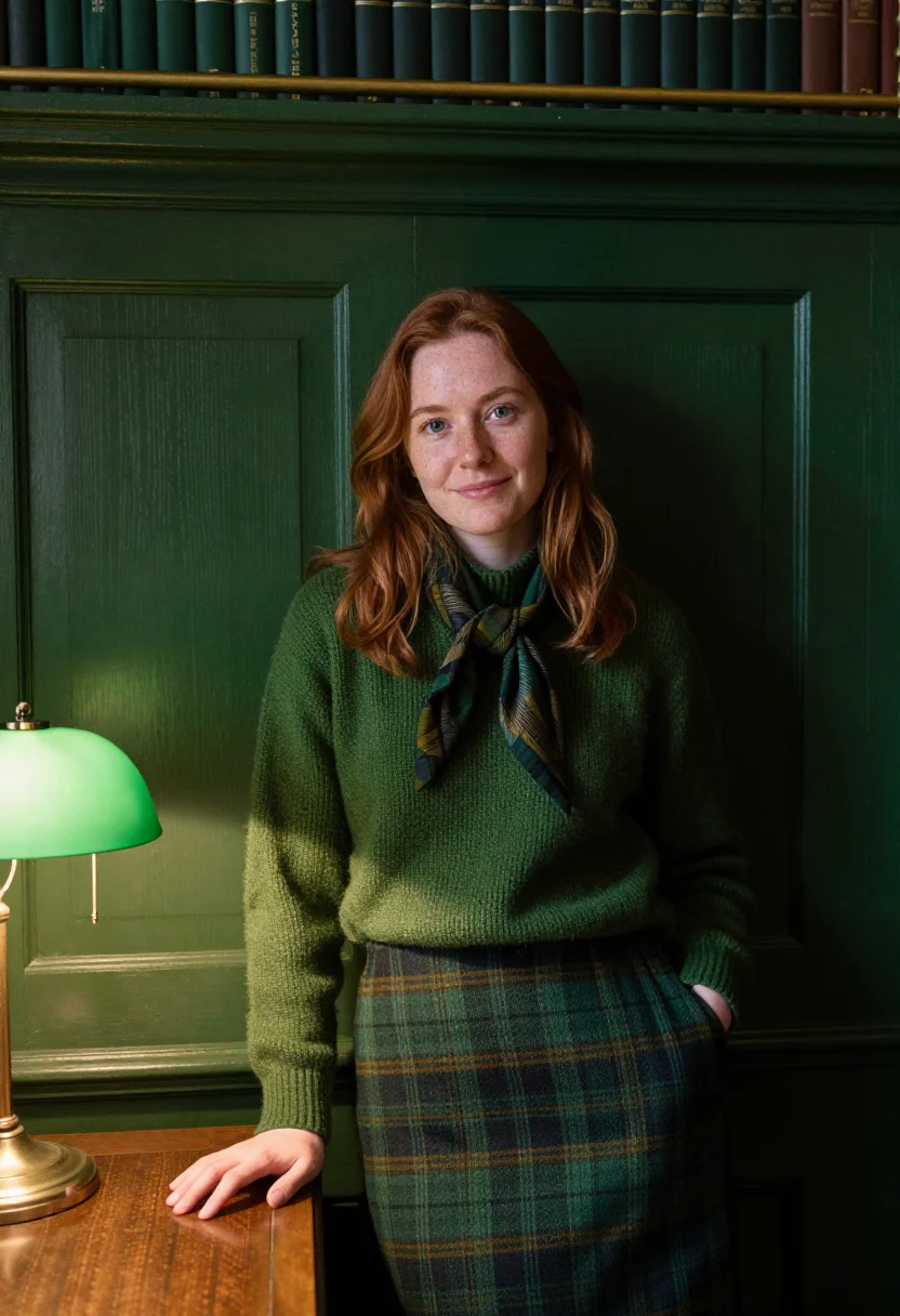 AI tartan skirt hunting green sample — portrait of a woman, a three-quarter-length frame, a woman i