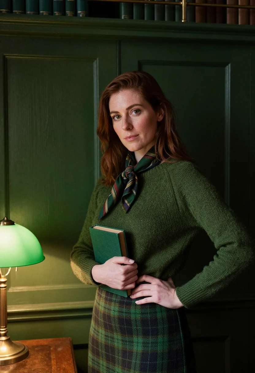 AI tartan skirt hunting green sample — portrait of a woman, a half-length frame, a woman in her ear