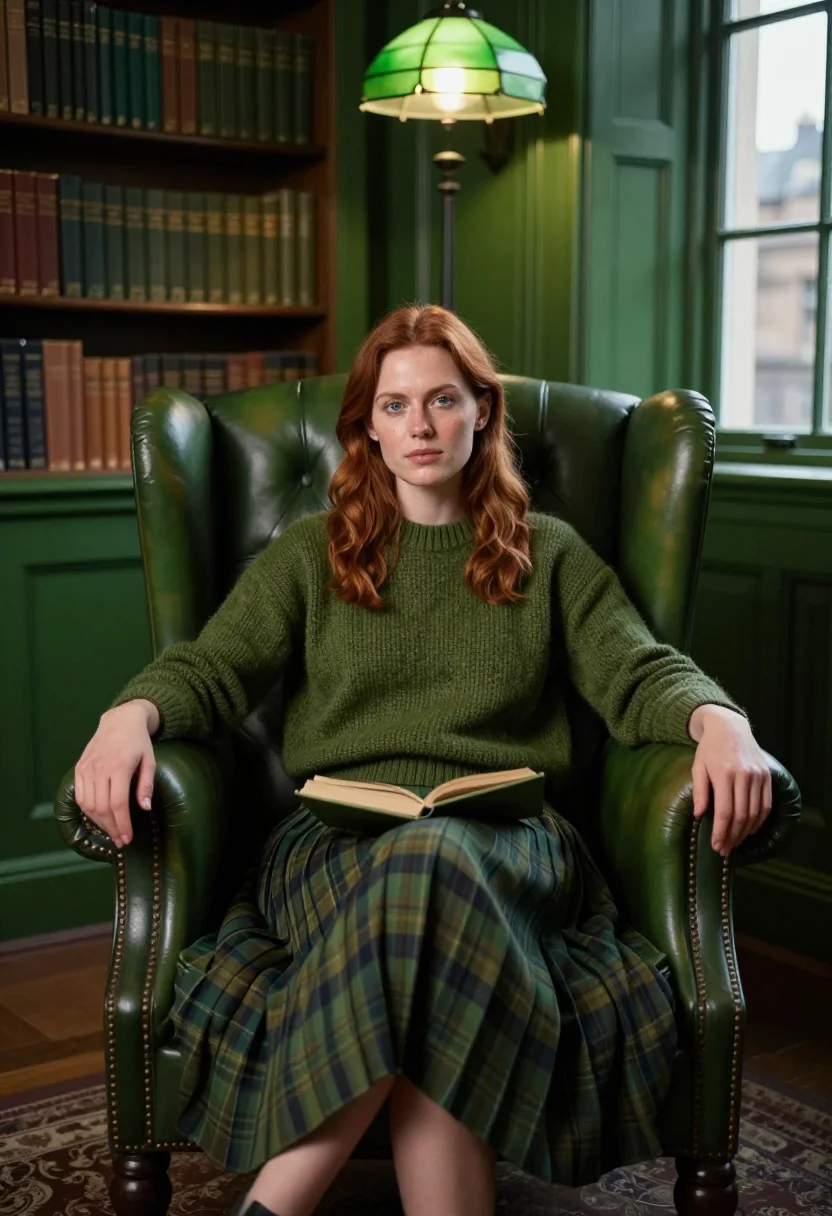 AI tartan skirt hunting green sample — portrait of a woman, a wider seated frame, a woman in her ea