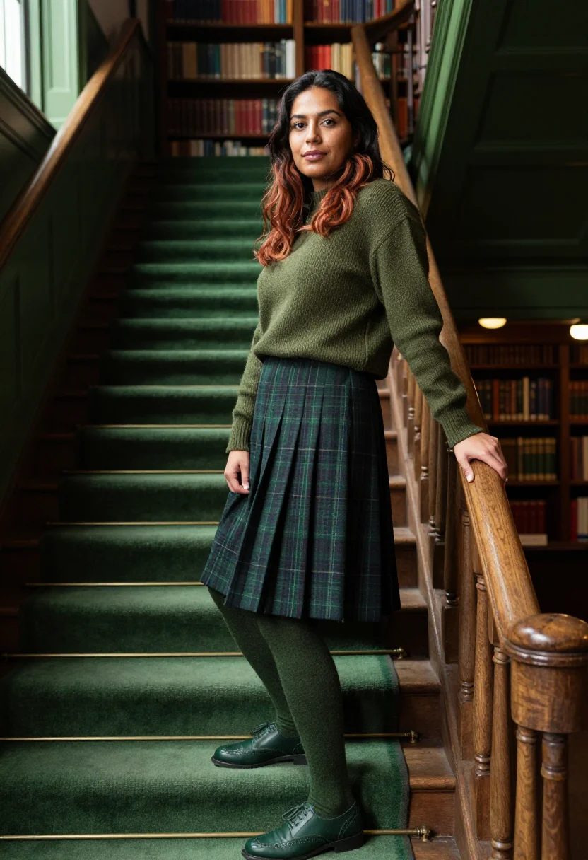 AI tartan skirt hunting green sample — portrait of a woman, a half-length frame, a woman of mixed S