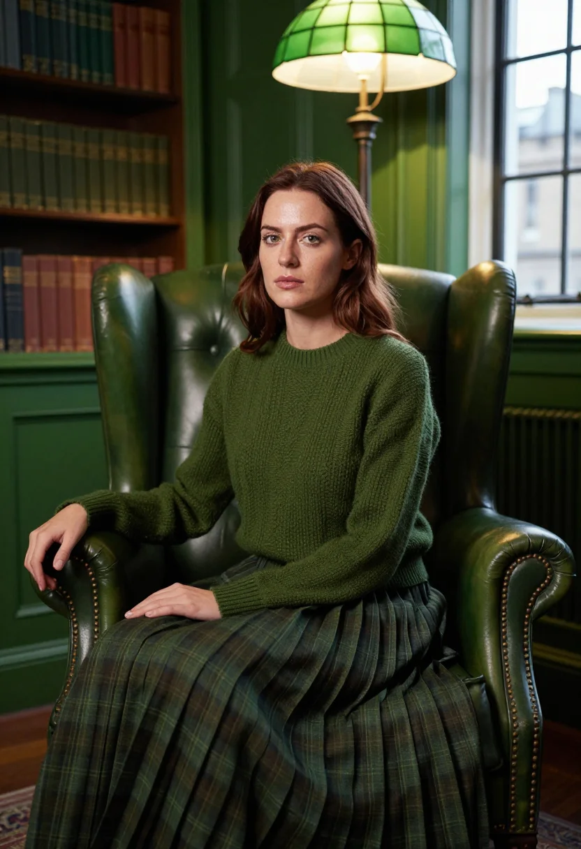 AI tartan skirt hunting green sample — portrait of a woman, a three-quarter-length frame, a woman i