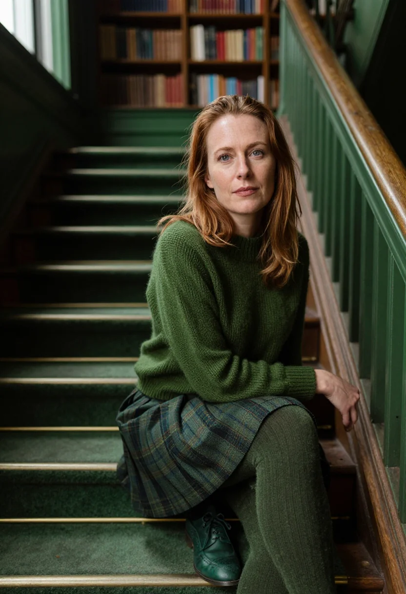 AI tartan skirt hunting green sample — portrait of a woman, framed tight at head and shoulders, a w