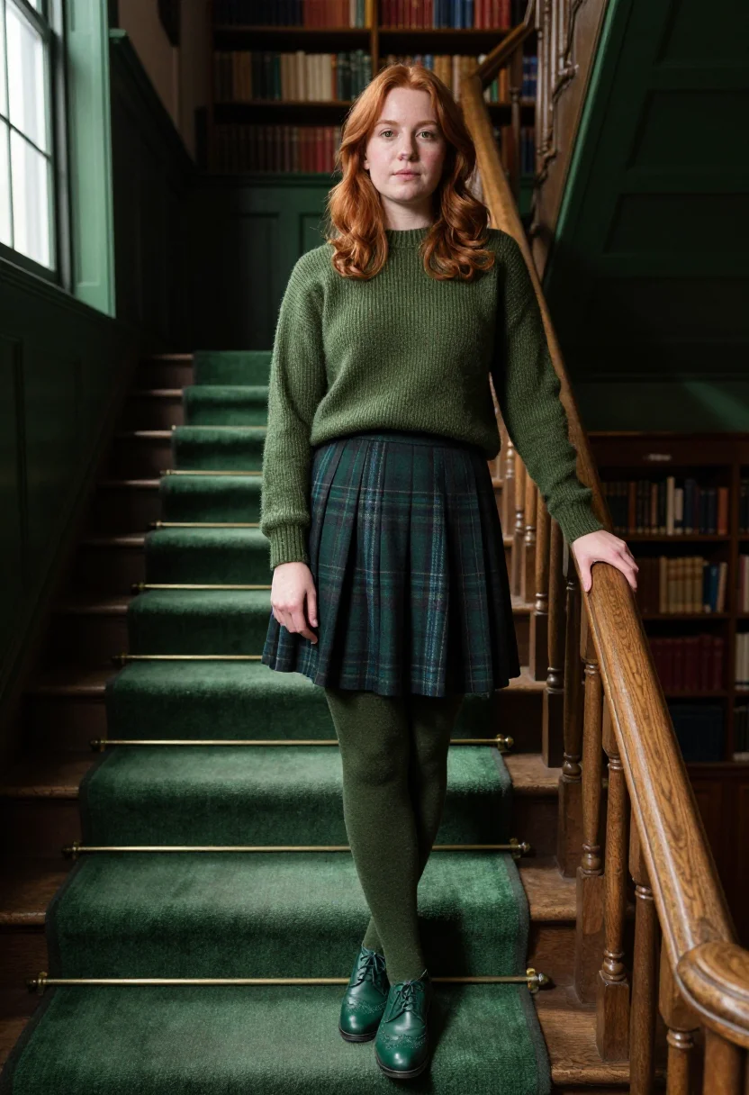 AI tartan skirt hunting green sample — portrait of a woman, a full-length frame, a woman in her mid