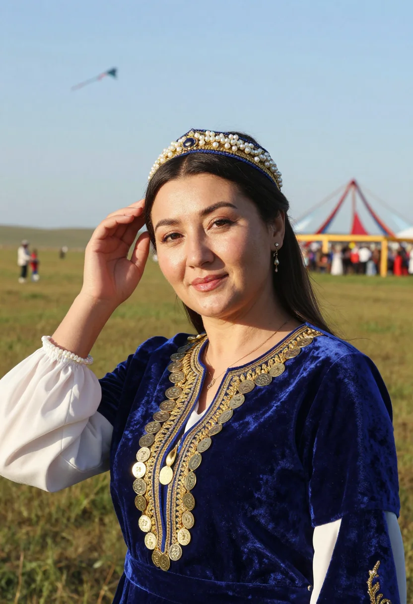 AI tatar kalfak sample — bust-length festive portrait at a Sabantuy festival on the o