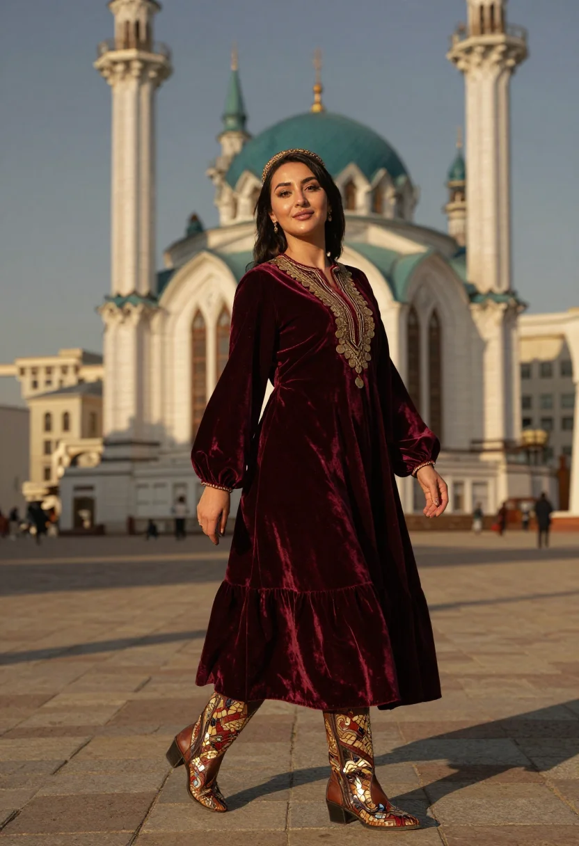 AI tatar kalfak sample — three-quarter-length portrait crossing a Kazan mosque courty