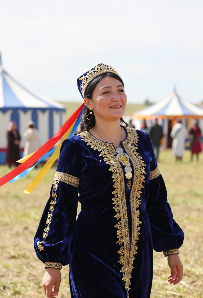 AI tatar kalfak sample — festive half-length portrait at a Sabantuy festival on the o