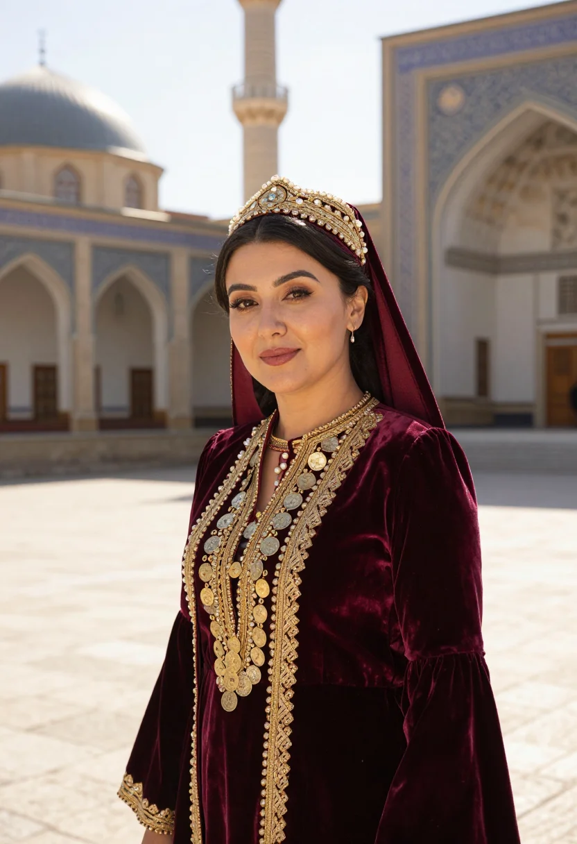 AI tatar kalfak sample — candid half-length portrait in a sunlit mosque courtyard, ex