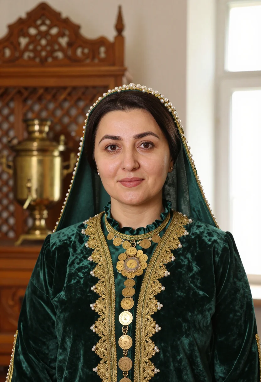 AI tatar kalfak sample — bust-length portrait in a Kazan merchant house interior, a V