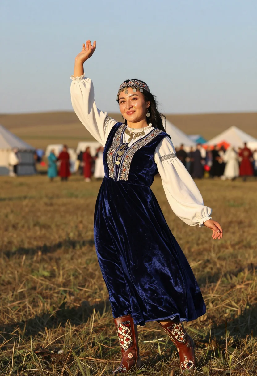 AI tatar kalfak sample — three-quarter-length festive portrait at a Sabantuy festival