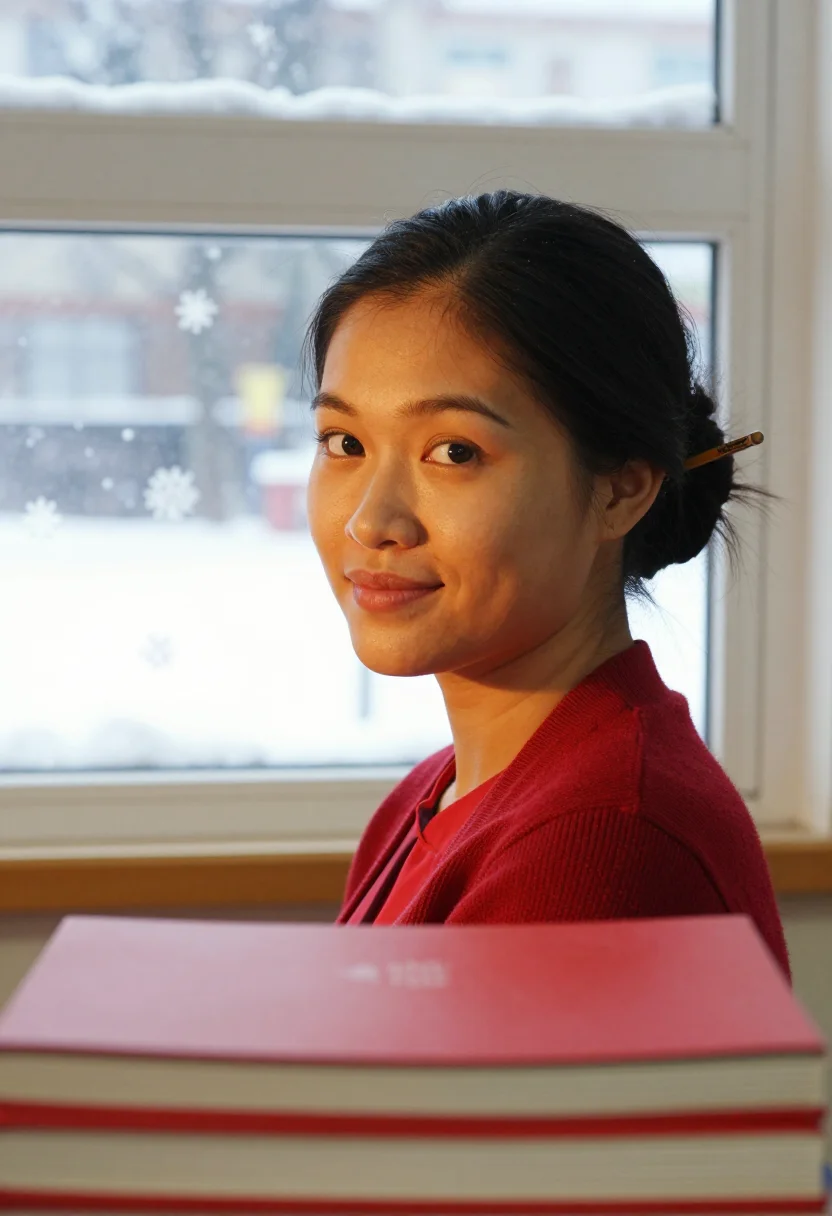 AI teacher red cardigan sample — portrait of a woman, tight headshot of a Vietnamese British
