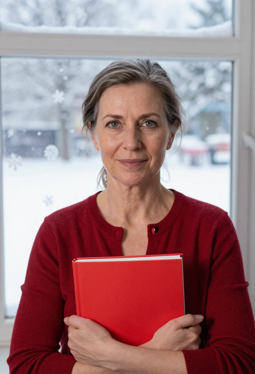 AI teacher red cardigan sample — portrait of a woman, head-and-shoulders portrait of a Wester