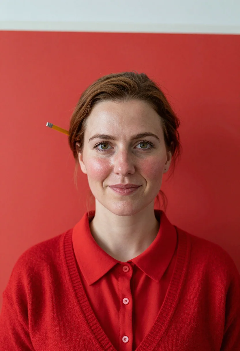 AI teacher red cardigan sample — portrait of a woman, head-and-shoulders portrait of a Wester